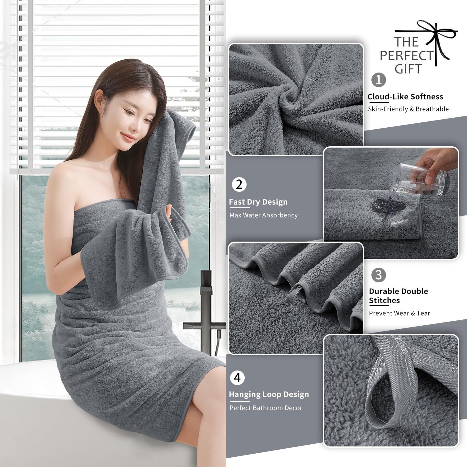 Coral fleece bath towel features, fast drying, double stitching and hanging loop