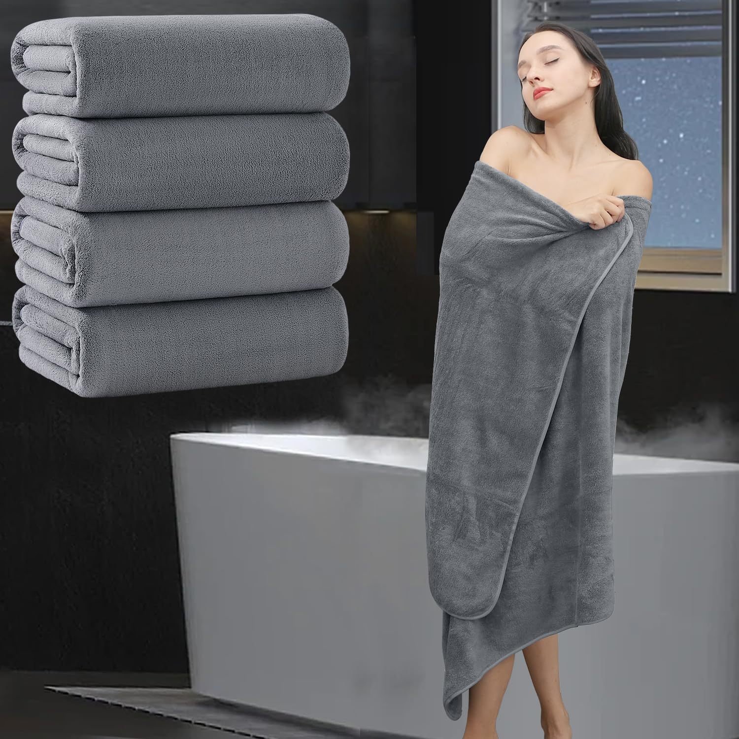 Folded grey coral fleece bath towels beside a bath