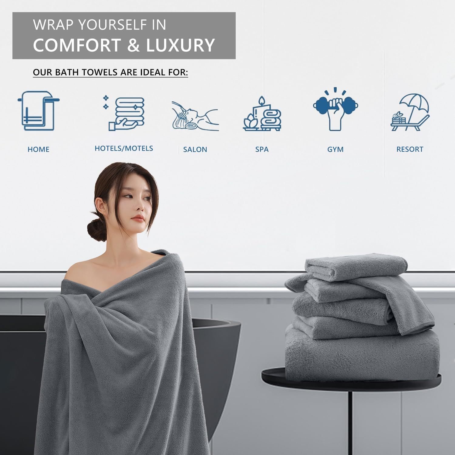 Grey coral fleece bath towels suited to home, hotel, spa and gym use