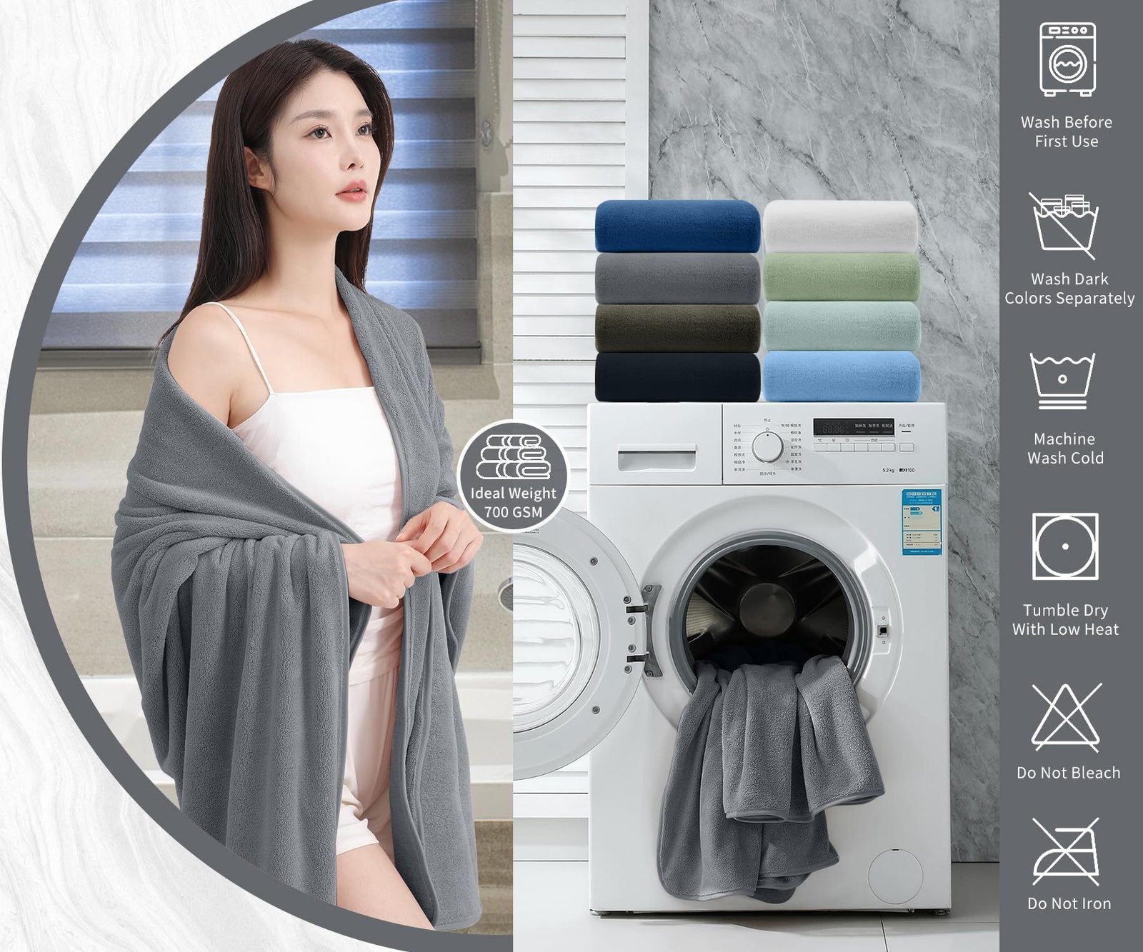 Coral fleece bath towel wash care guide, machine wash cold, tumble dry low, do not bleach or iron