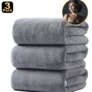 Stack of three grey coral fleece bath towels from a pack of 3