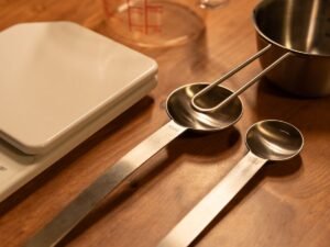 Kitchen tools and gadgets laid out on a wooden worktop