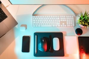 Wireless tech accessories on a modern desk